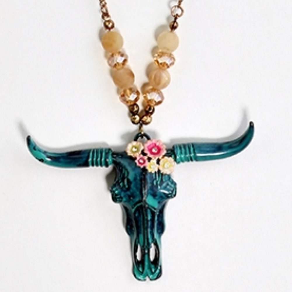 NWT Floral Patina Steer Skull Necklace and Earring Set - Picture 3 of 3